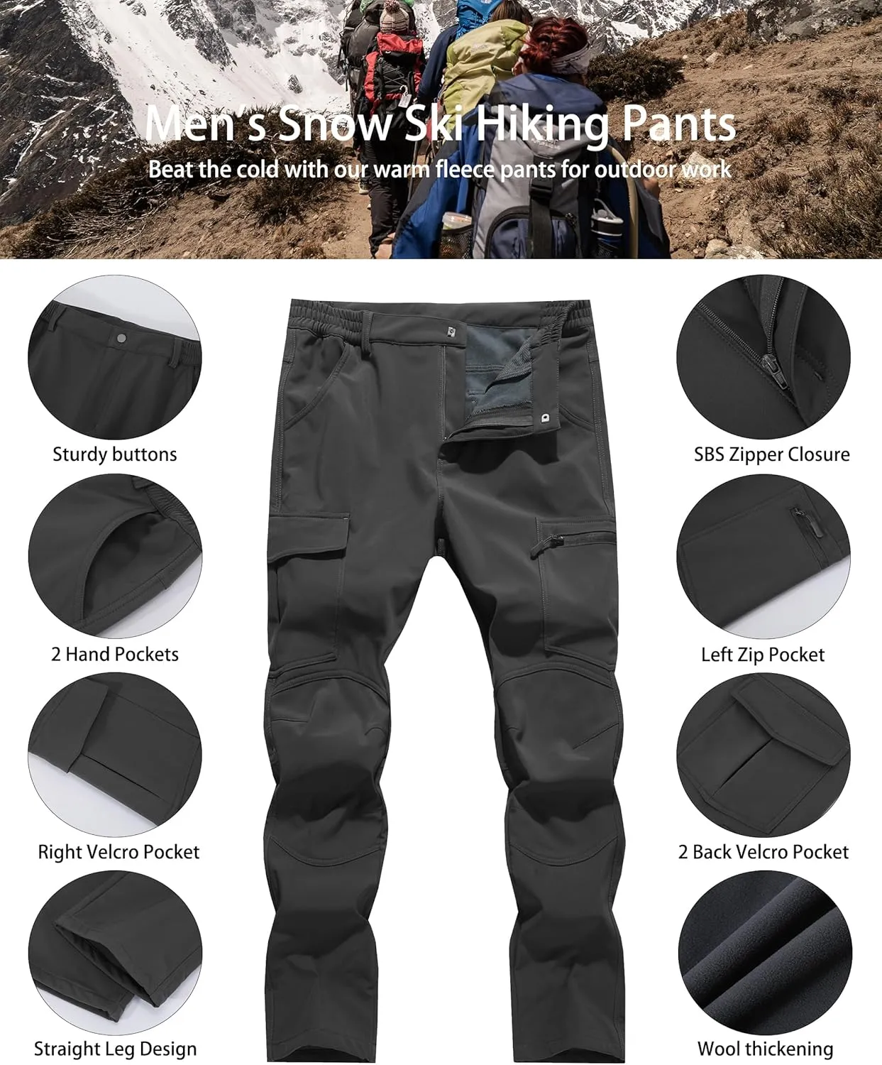 Men's Snow Ski Hiking Pants Winter Fleece Lined Softshell Outdoor Waterproof Insulated Cargo Work Pants