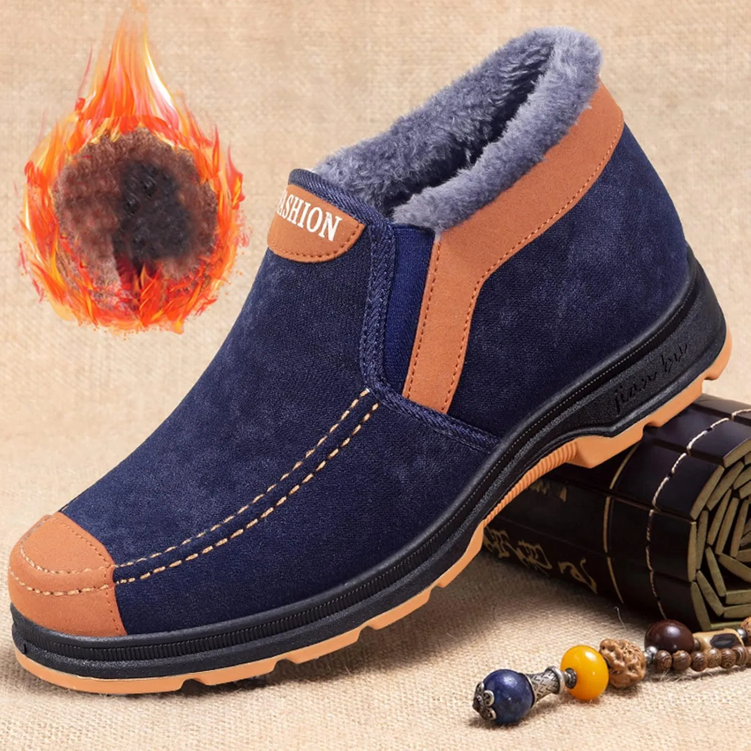 Men's Suede Ankle Boots Classic Slip On Furry Boots Fleece Lined Warm Winter Flat Winter Fashion Top