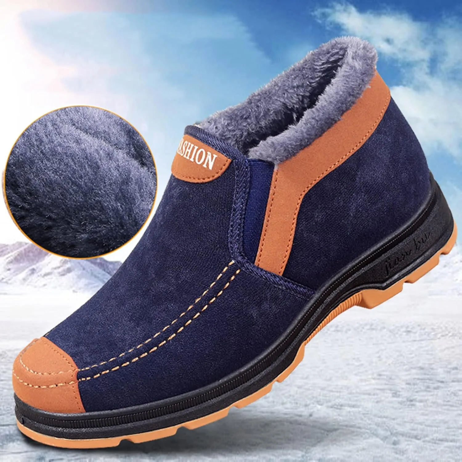 Men's Suede Ankle Boots Classic Slip On Furry Boots Fleece Lined Warm Winter Flat Winter Fashion Top