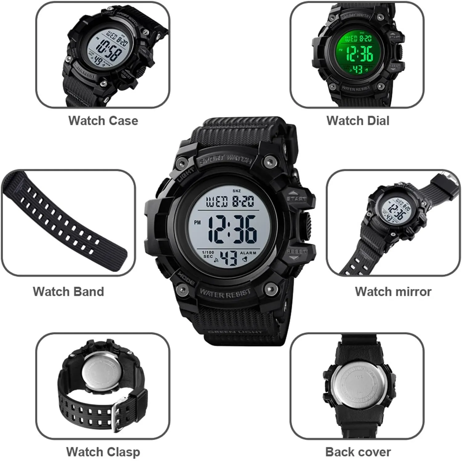 Men's Tactical Digital Sports Watch, 50M Waterproof Military Wristwatch with Backlight, Alarm, Stopwatch, Dual Time, Countdown, 12 and 24 Hour Format