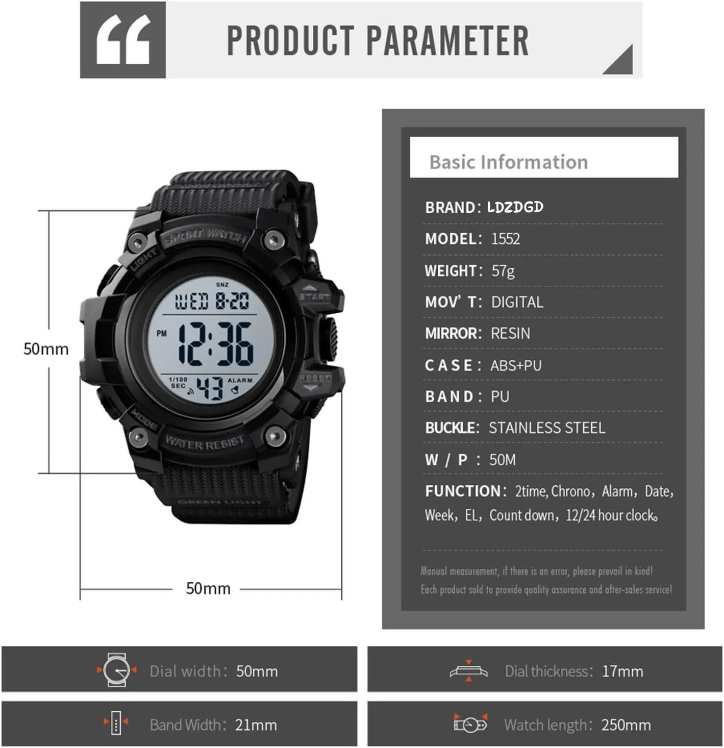 Men's Tactical Digital Sports Watch, 50M Waterproof Military Wristwatch with Backlight, Alarm, Stopwatch, Dual Time, Countdown, 12 and 24 Hour Format