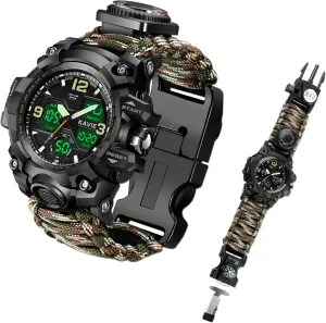 Mens Tactical Military Digital Watch, 23-in-1 Survival Multi-Functional Army Outdoors Waterproof Camouflage Sports Watches Dual Display Analog LED Electronic Wristwatches with Compass Paracord Band