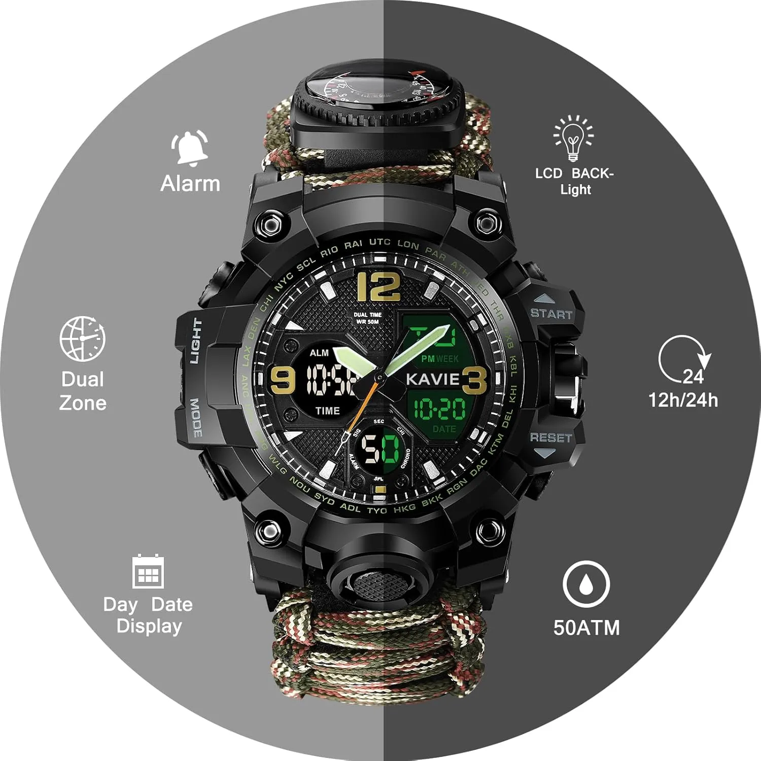 Mens Tactical Military Digital Watch, 23-in-1 Survival Multi-Functional Army Outdoors Waterproof Camouflage Sports Watches Dual Display Analog LED Electronic Wristwatches with Compass Paracord Band