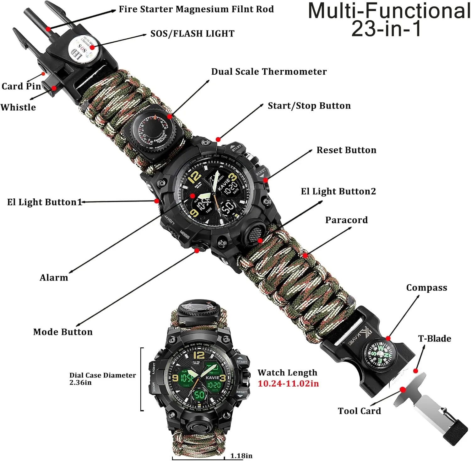 Mens Tactical Military Digital Watch, 23-in-1 Survival Multi-Functional Army Outdoors Waterproof Camouflage Sports Watches Dual Display Analog LED Electronic Wristwatches with Compass Paracord Band