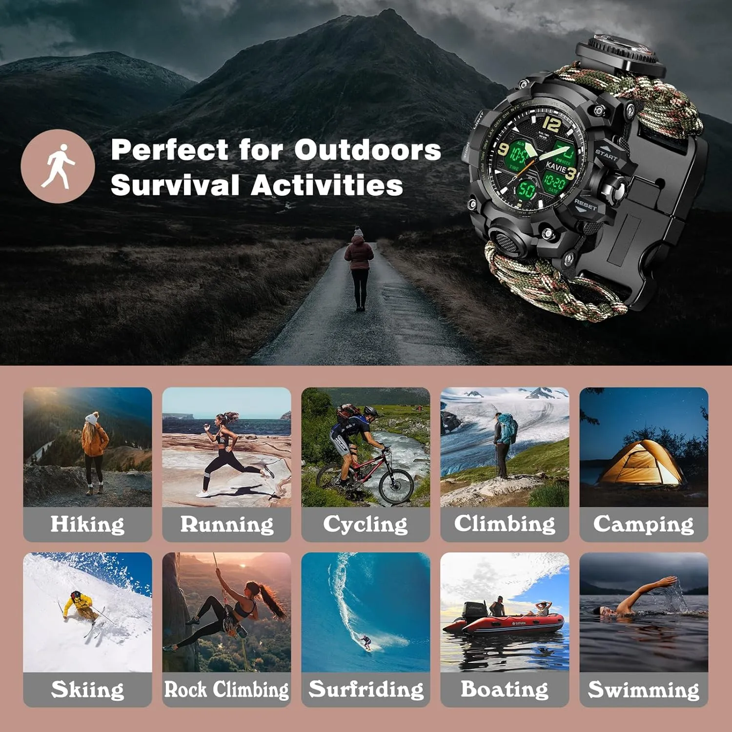 Mens Tactical Military Digital Watch, 23-in-1 Survival Multi-Functional Army Outdoors Waterproof Camouflage Sports Watches Dual Display Analog LED Electronic Wristwatches with Compass Paracord Band