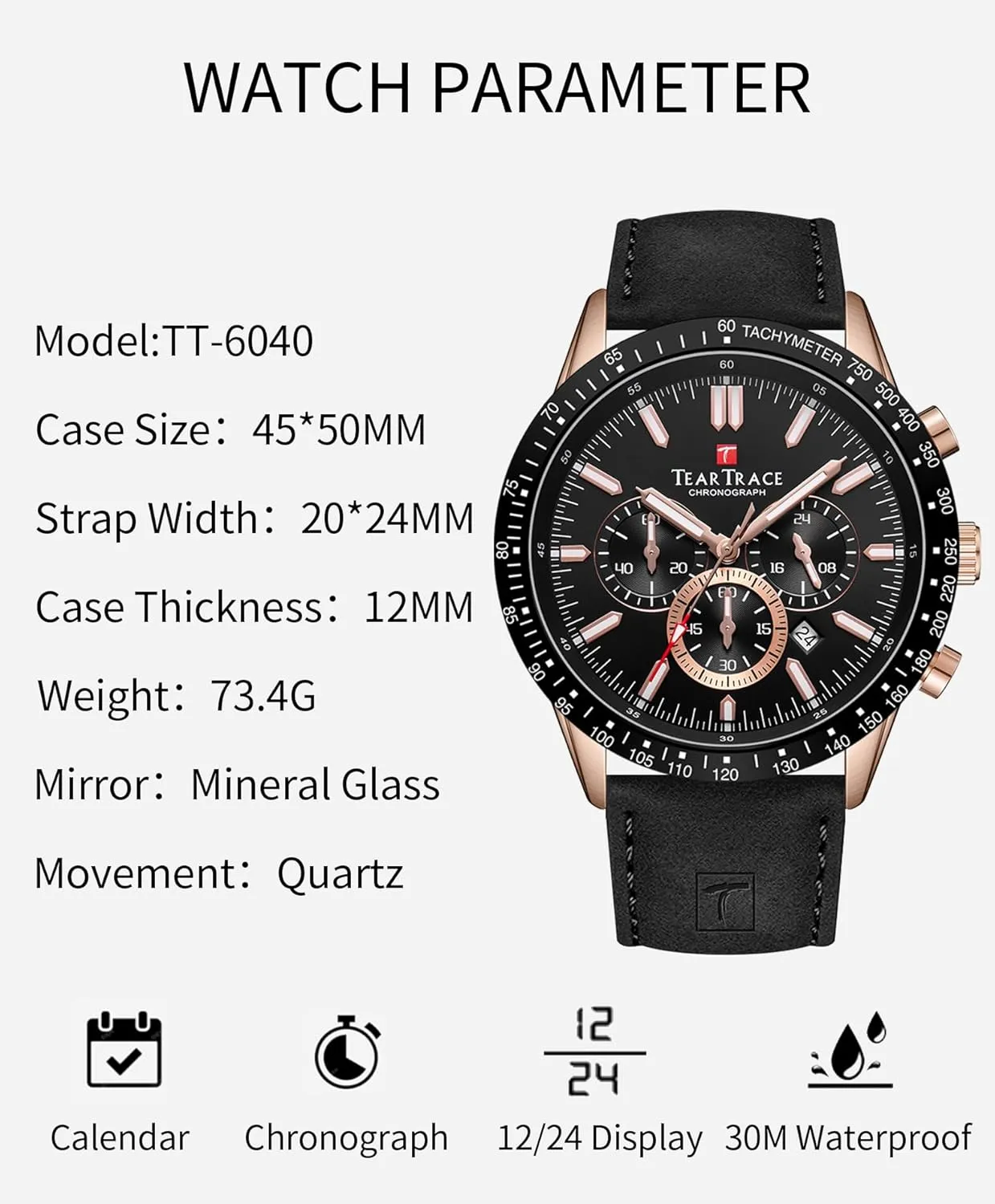 Mens Watches Analog Quartz Movement Big Face Waterproof Chronograph Wrist Watch Sport Work Classical Fashion Watches for Men with Leather Strap
