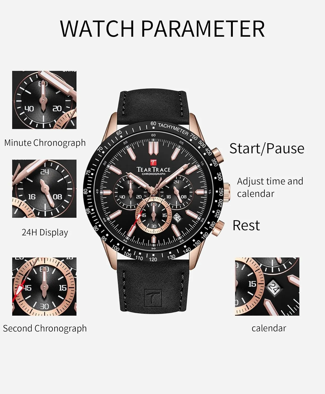 Mens Watches Analog Quartz Movement Big Face Waterproof Chronograph Wrist Watch Sport Work Classical Fashion Watches for Men with Leather Strap