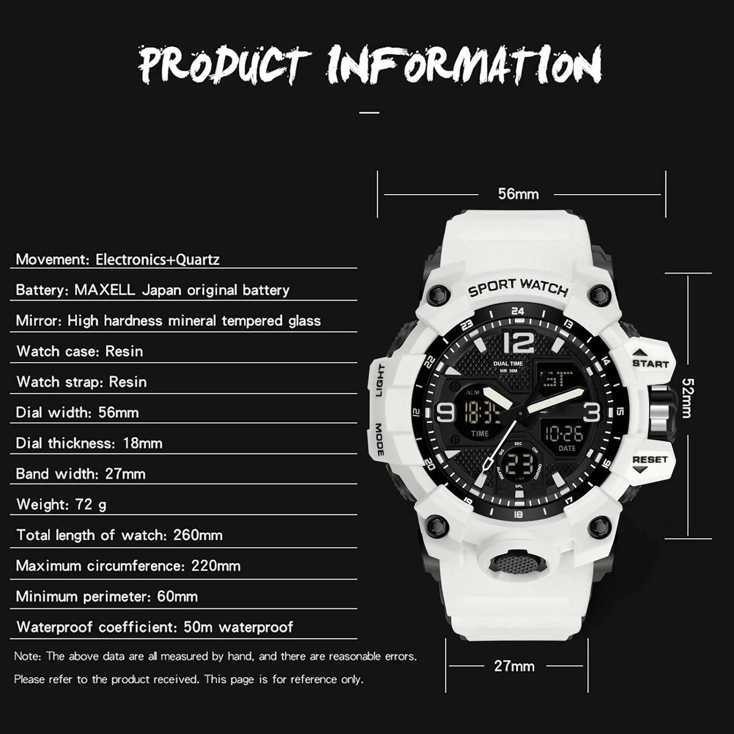 Men's Watches Military Rugged Wristwatch for Running with Dual Dial Time Analog Digital Display Alarm Stopwatch for Men