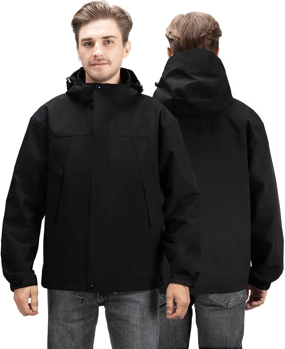 Men's Waterproof 3-in-1 Ski Jacket, Winter Windproof Hooded Jacket Snow Rain Jacket with Inner Warm Coat