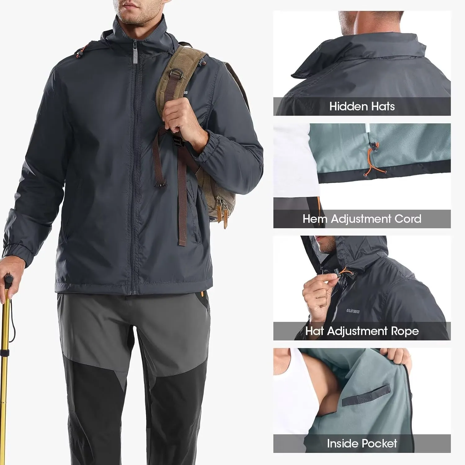 Mens Waterproof Jacket Outdoor Lightweight Hooded Windbreaker Travel Hiking Windproof Raincoat