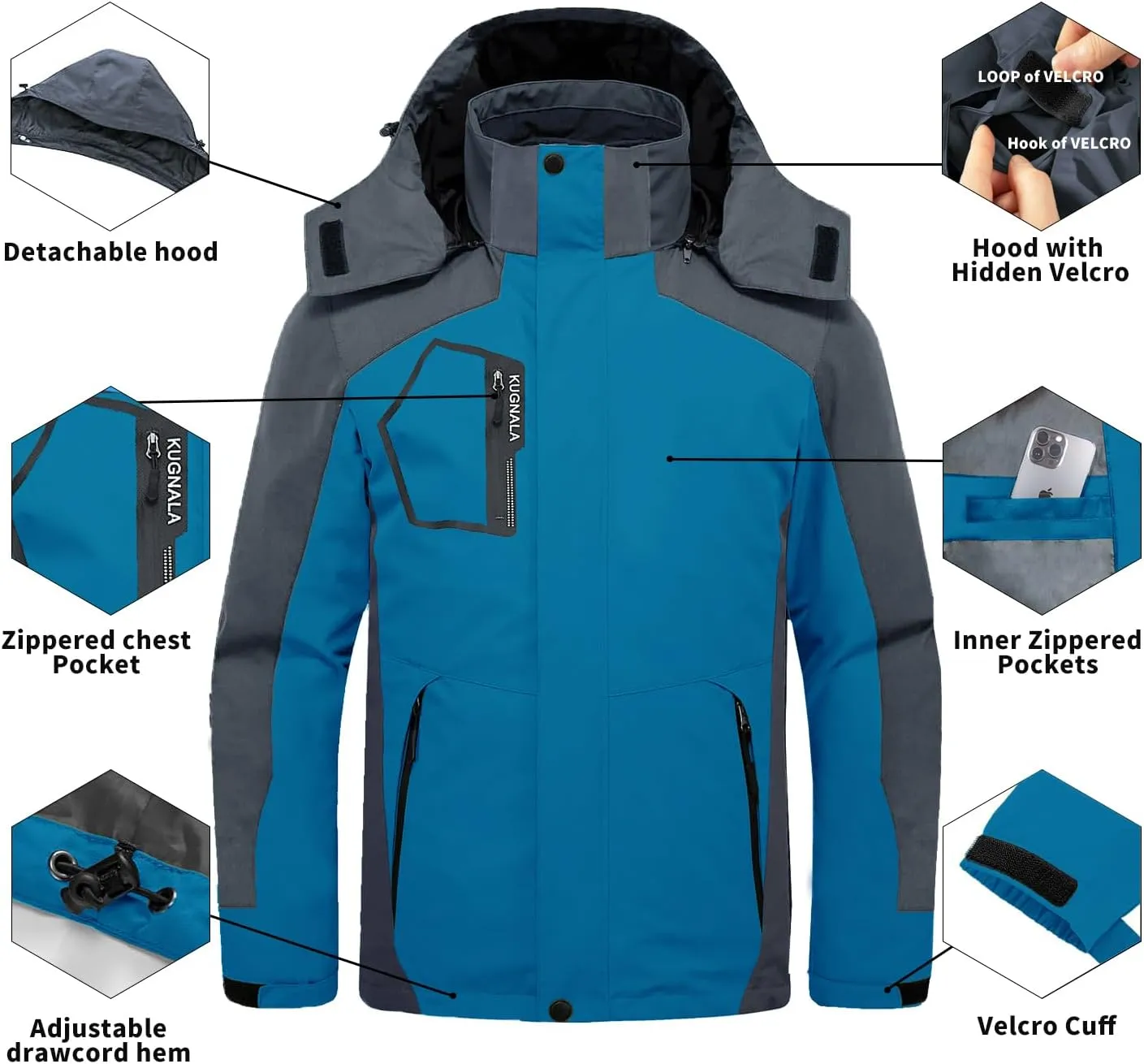 Mens Winter Skiing Jacket 3 in 1 Waterproof Warm Snow Fleece Lining Coat Hooded Windproof Jacket S-6XL