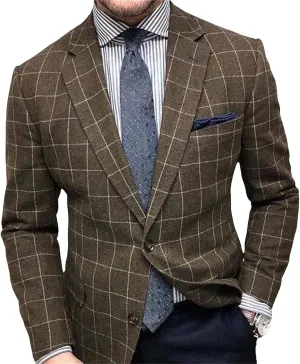 Mens Wool Blend Plaid Business Blazer Slim Fit Lightweight Casual Jacket Notch Lapel Single Breasted Long Sleeve with Pocket
