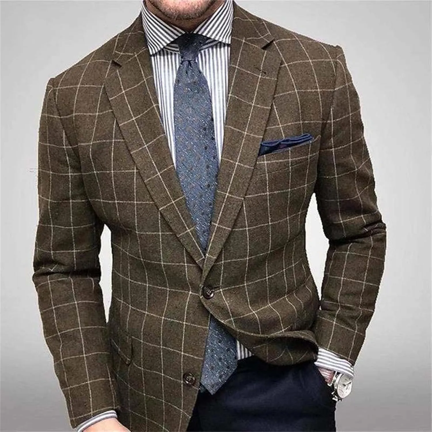 Mens Wool Blend Plaid Business Blazer Slim Fit Lightweight Casual Jacket Notch Lapel Single Breasted Long Sleeve with Pocket