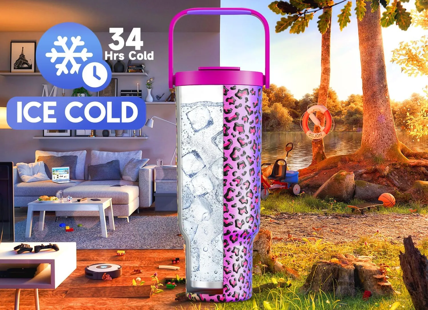 Meoky 40 oz Tumbler with Handle and Straw, Insulated Water Bottle, Stainless Steel Travel Mug, Keeps Cold for 34 Hours, 100% Leak Proof, Fits in Car Cup Holder (Celebration)