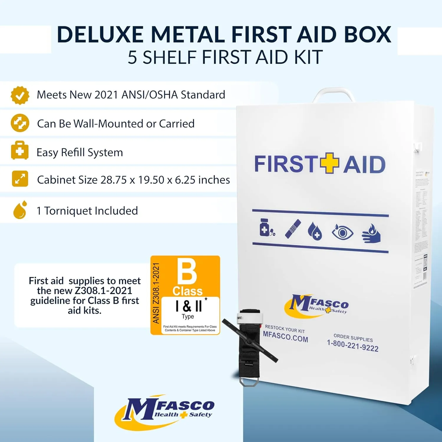 MFASCO 5-Shelf First Aid Kit - 2021 OSHA Compliant Class B, Wall Mount First Aid Cabinet for Businesses & Industrial - Ideal for Office Use - Deluxe Metal First Aid Box, Commercial First Aid Kit