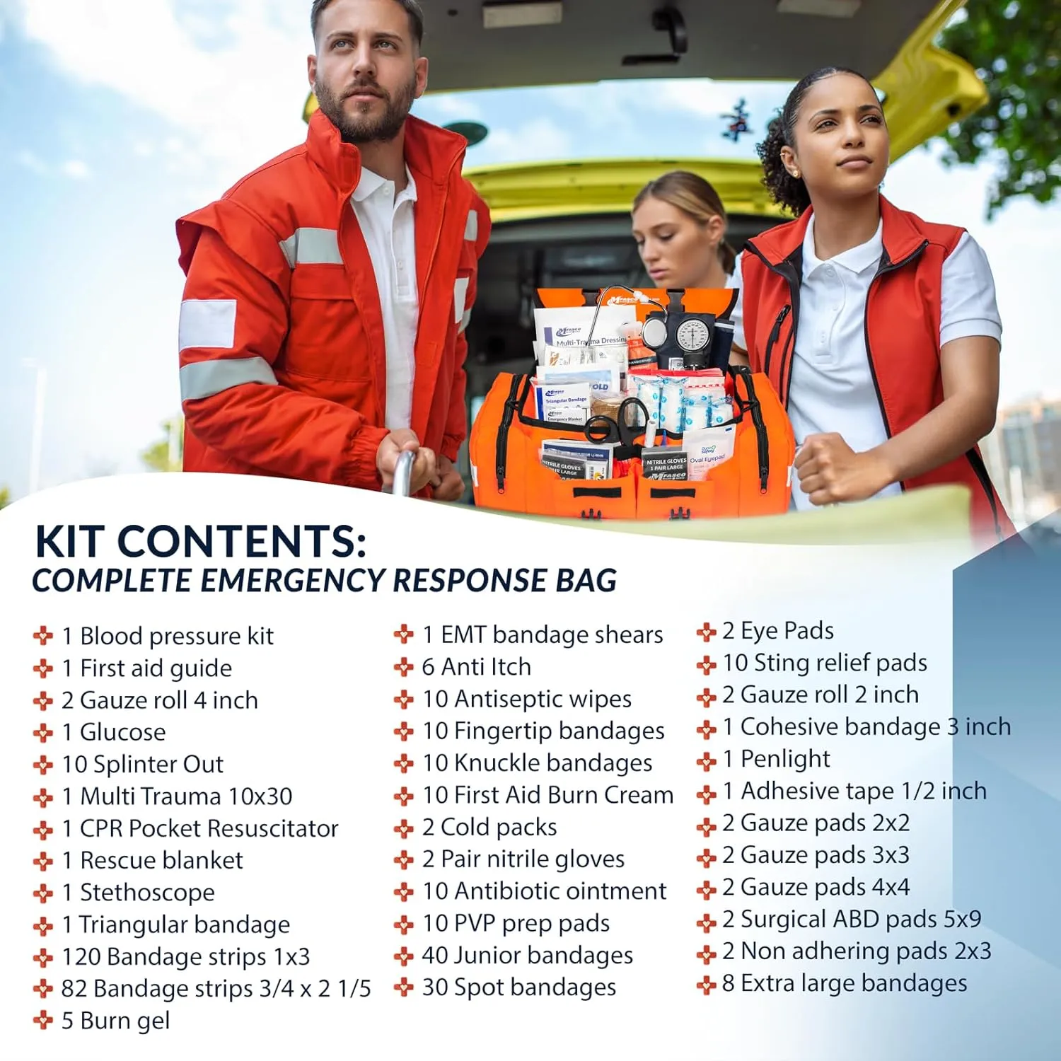 MFASCO First Aid Kit - Fully Stocked Portable Reflective Bag - First Responder Emergency Response Kit - for Natural Disaster Preparedness - Customizable Storage - Includes 415 Pcs First Aid Supplies