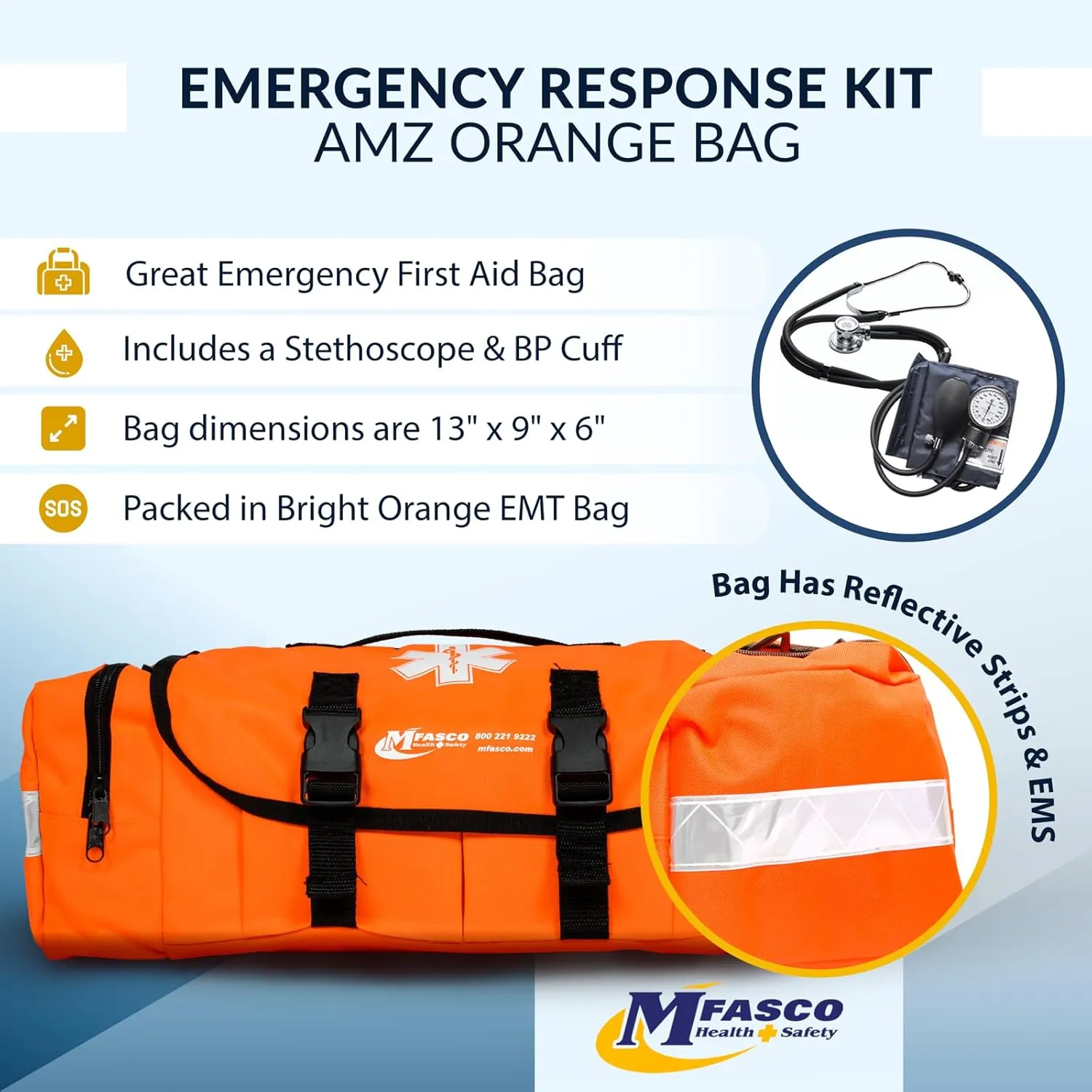 MFASCO First Aid Kit - Fully Stocked Portable Reflective Bag - First Responder Emergency Response Kit - for Natural Disaster Preparedness - Customizable Storage - Includes 415 Pcs First Aid Supplies