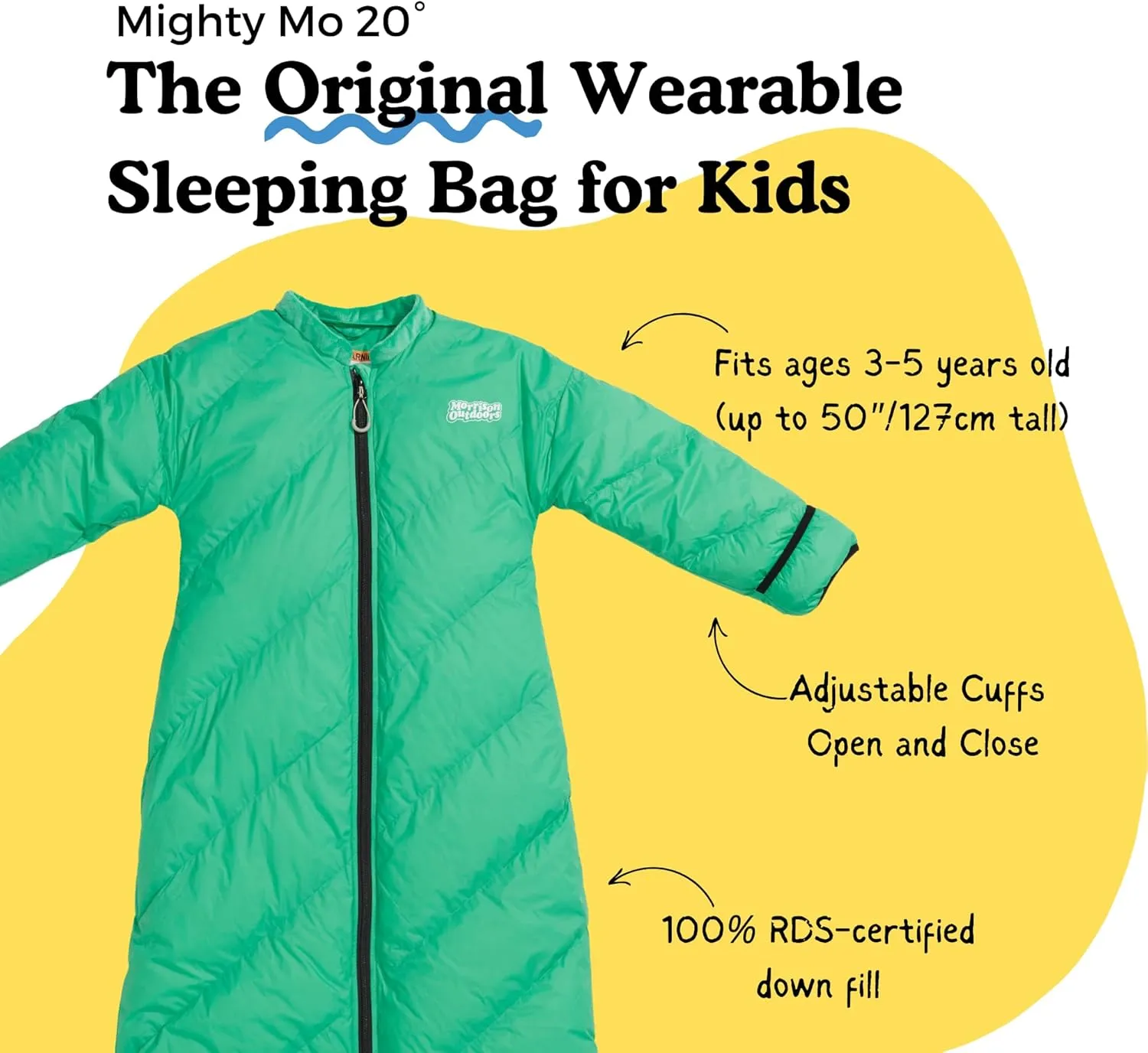 Mighty Mo 20° Down Kids Sleeping Bag (Ages 3-5). The Warmest, Lightest Camping Sleeping Bag for Kids Ages 3-5.