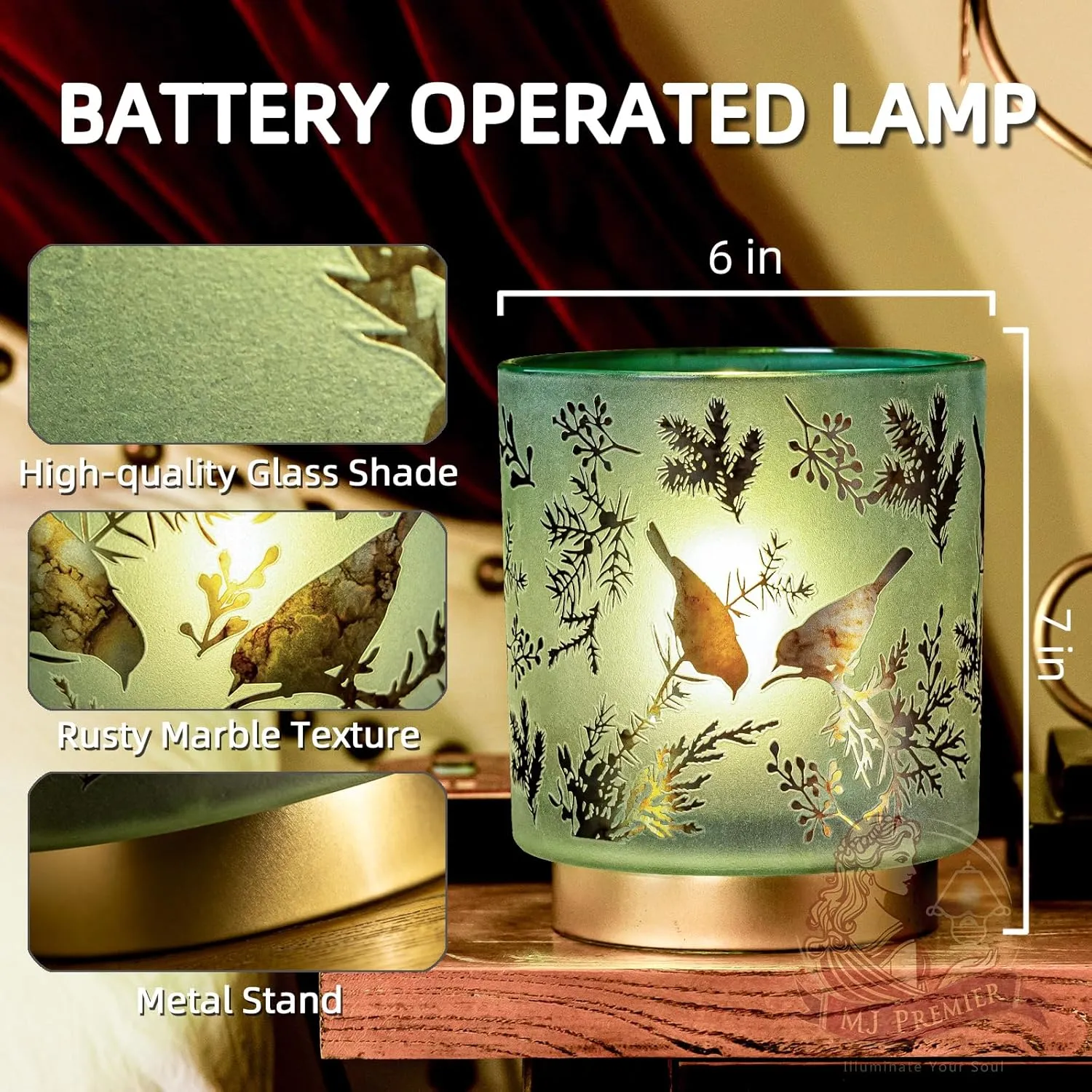MJ PREMIER Cordless Table Lamp Timer, Big 7'' Battery Operated Lamp, Emergency Table Lamp for Area No Plug/Hurricane, Decorative Bird Lamp for Kitchen Counter/Entryway/Bathroom/Living Room/Gift