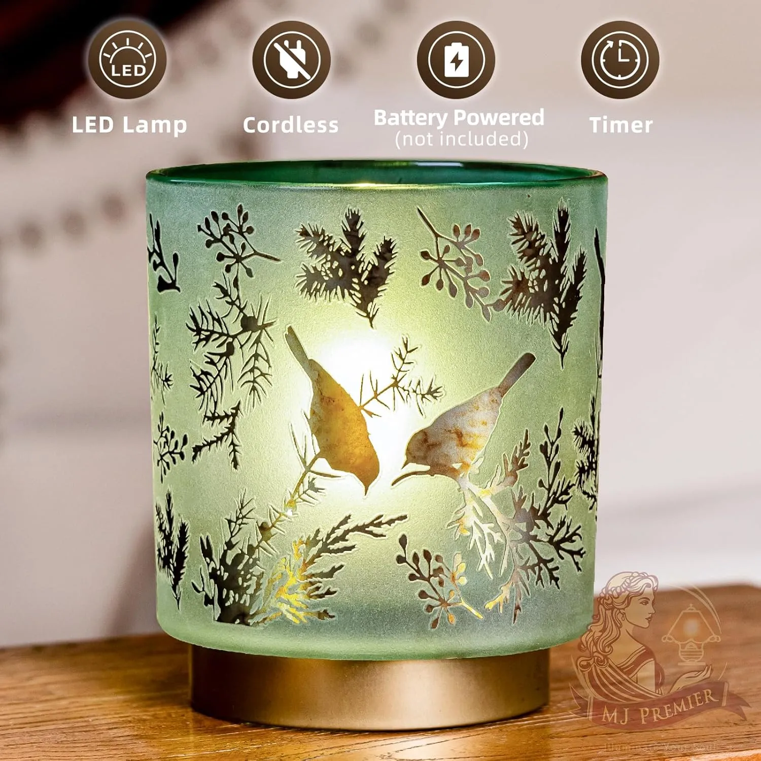 MJ PREMIER Cordless Table Lamp Timer, Big 7'' Battery Operated Lamp, Emergency Table Lamp for Area No Plug/Hurricane, Decorative Bird Lamp for Kitchen Counter/Entryway/Bathroom/Living Room/Gift