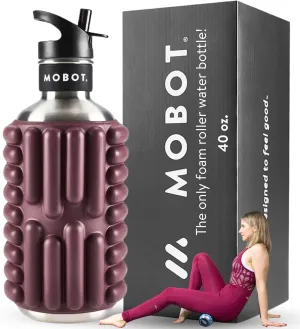 MOBOT Portable Travel Foam Roller Water Bottle with Sip Straw, Stainless Steel Screw Lid | Insulated Sports Water Bottle and Foam Rollers for Yoga, Workout, Home Gym, & Exercise (Beet, 40 oz)
