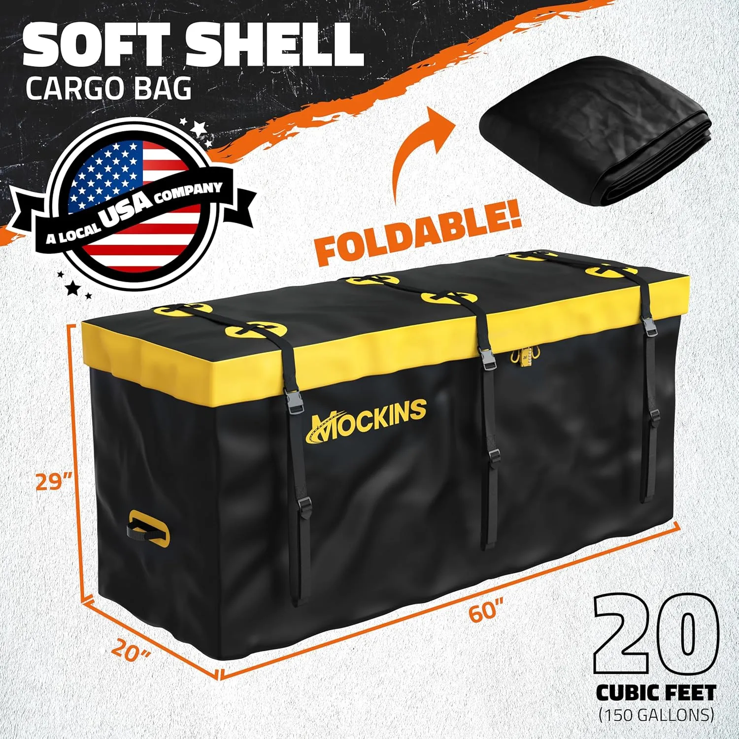 Mockins 20 CuFt Waterproof Cargo Bag for Hitch Carrier | 60"x20"x29" Trailer Hitch Cargo Carrier Bag | Weatherproof Truck Bed Storage w/Straps, Lock & Carry Case | 500D PVC Vehicle Soft-Shell Carriers