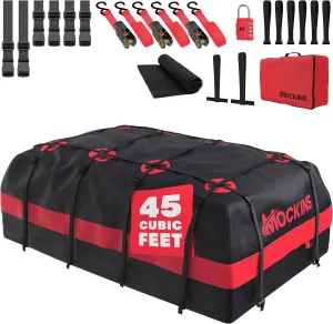 Mockins 45 Cu.Ft. XL Waterproof Rooftop Cargo Bag | 75"x48"x22" Heavy Duty Rooftop Cargo Carrier for Use with or w/o Roof Rack | Car Roof Bag Set Includes Top of Car Storage Mat, Lock, Hooks & Straps