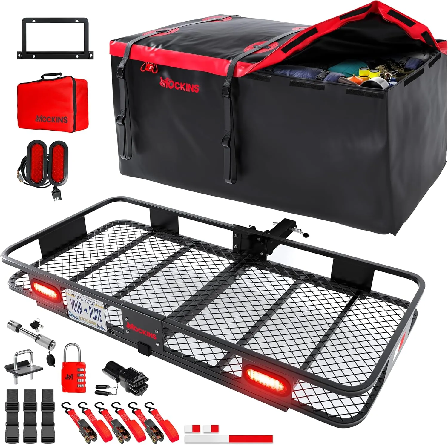 Mockins XXL 70"x30"x6" Folding Trailer Hitch Cargo Carrier w/Rear Lights, Plate Bracket & 40 CuFt Waterproof Cargo Bag | Weatherproof 500Lbs Cap Cargo Carrier Hitch Mount Set & Hitch Rack Accessories
