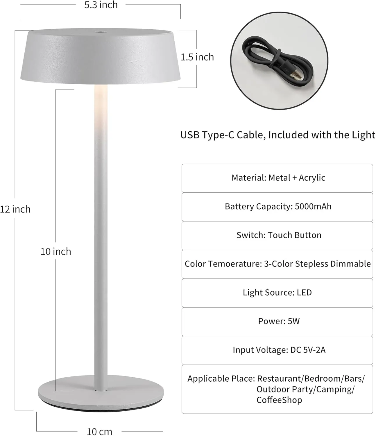 Modern Cordless Table Lamp Set of 2, Portable LED Desk Lamps, Rechargeable 5000mAh Battery Operated, Dimming Night Light for Bedroom, Dining Room, Bar, Outdoor, Waterproof (Grey)