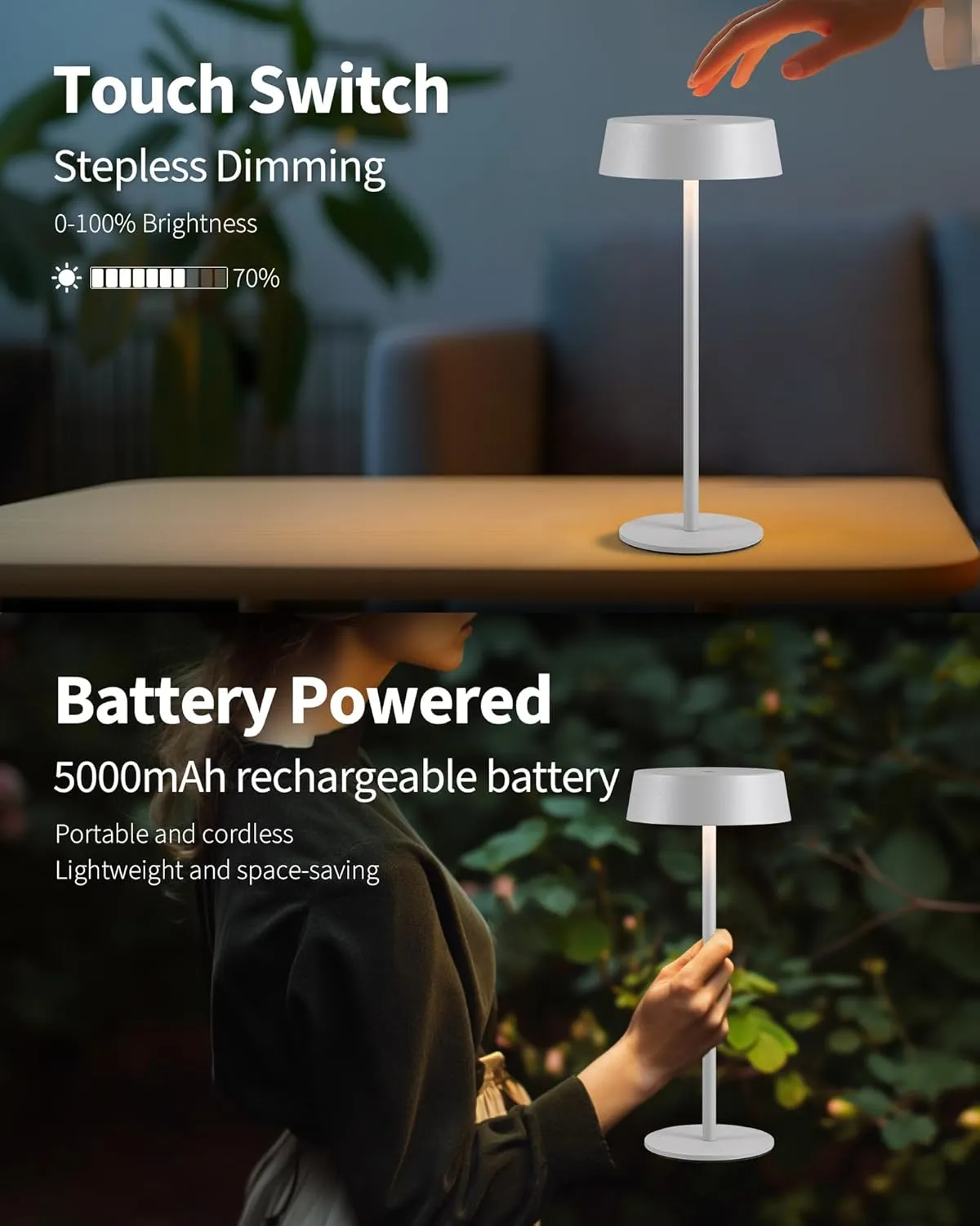 Modern Cordless Table Lamp Set of 2, Portable LED Desk Lamps, Rechargeable 5000mAh Battery Operated, Dimming Night Light for Bedroom, Dining Room, Bar, Outdoor, Waterproof (Grey)