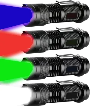 MODOAO High Power Red Green Blue White LED Flashlight (4 Pack), Powerful White Red Green Blue Flashlight, Waterproof, Zoomable Red Green Blue White Light Flashlight LED Light Torch for Outdoor