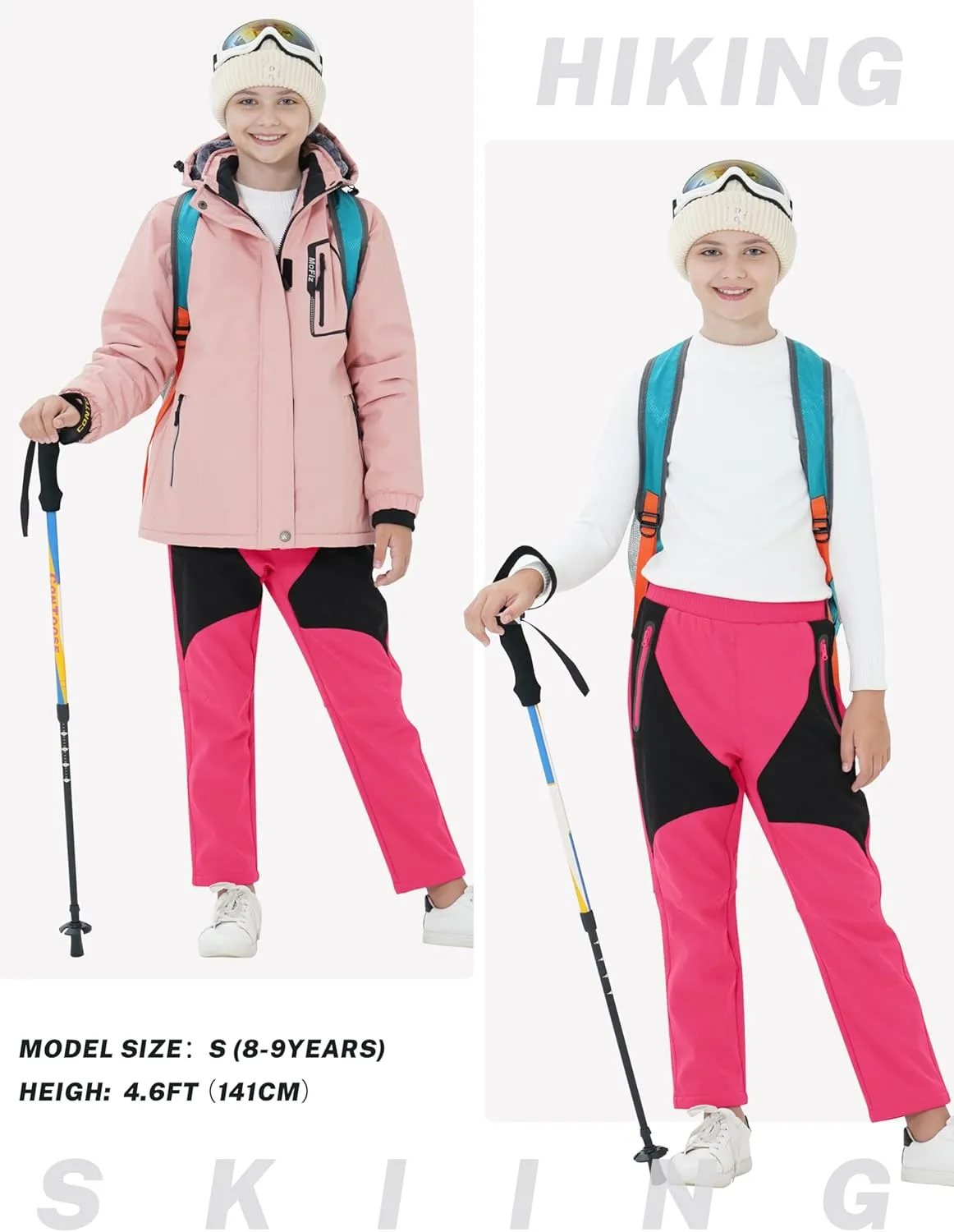 MoFiz Kids Fleece Lined Hiking Snow Ski Pants Boys Waterproof Winter Warm Outdoor Pants with Zippered Pocket