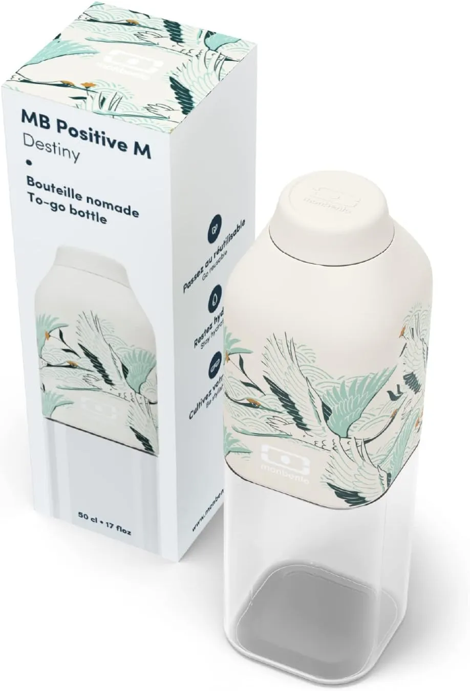 MONBENTO - Clear Reusable Water Bottle MB Positive M Graphic Magniolia - 500ml/17 floz - Compact, Leakproof, BPA Free - Perfect for Work, Travel, Sports, Picnic