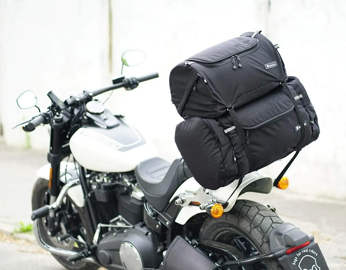 Motorcycle tail bag, roller shape, made of waterproof cordura and Italian leather, 13,5 gallons capacity   additional raincover included (L, Reflective skull)