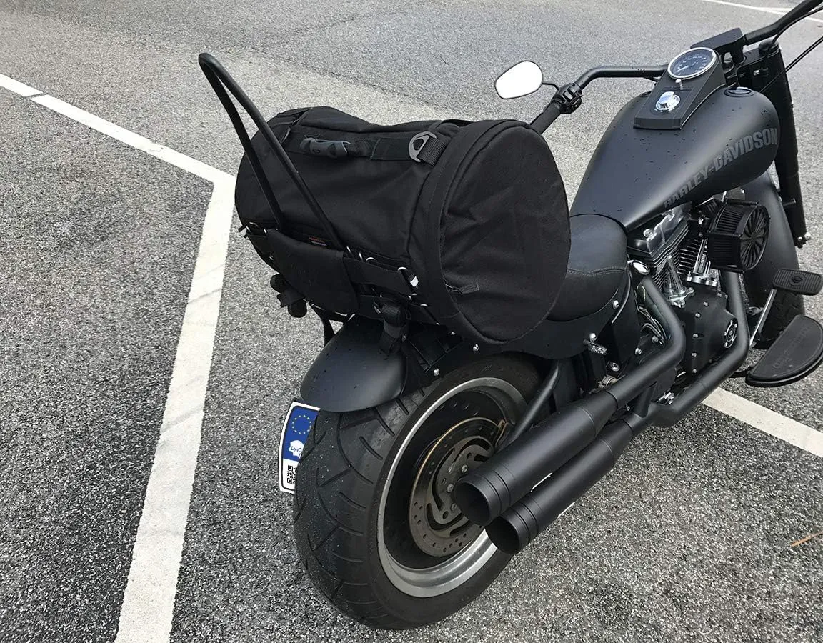Motorcycle tail bag, roller shape, made of waterproof cordura and Italian leather, 13,5 gallons capacity   additional raincover included (L, Reflective skull)