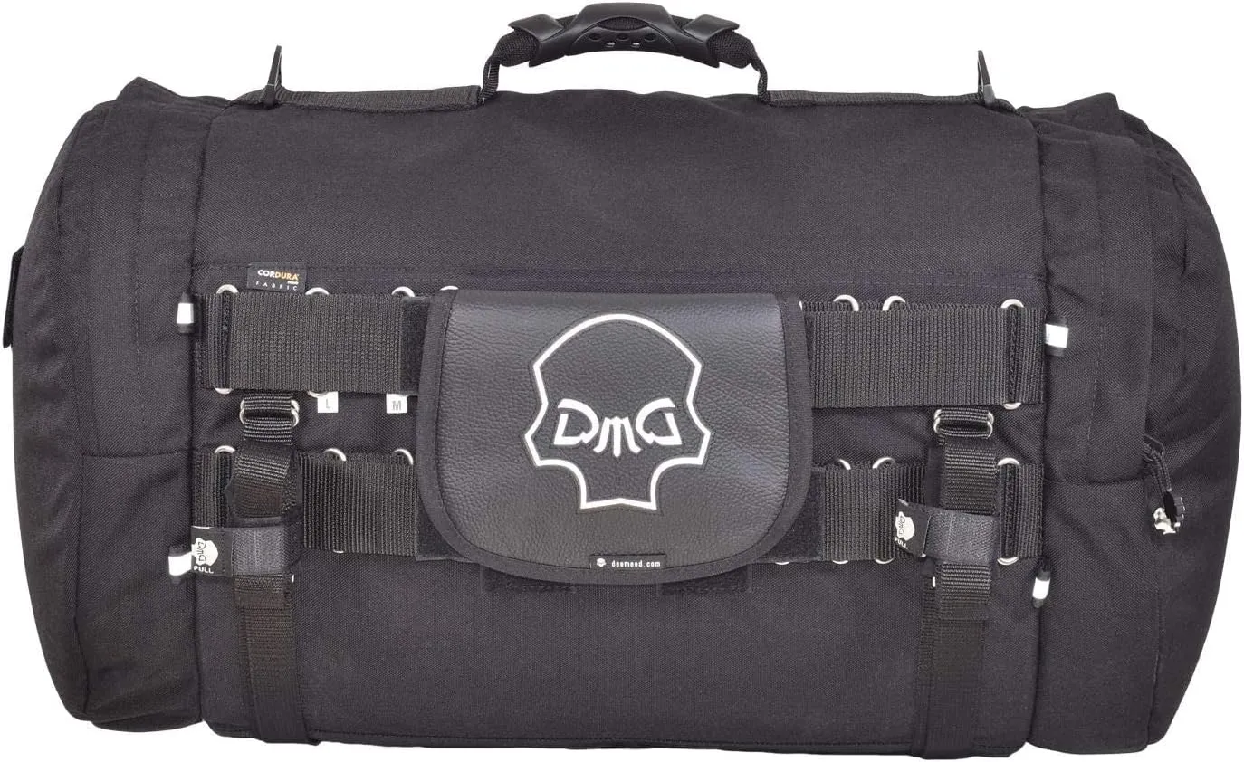 Motorcycle tail bag, roller shape, made of waterproof cordura and Italian leather, 13,5 gallons capacity   additional raincover included (L, Reflective skull)