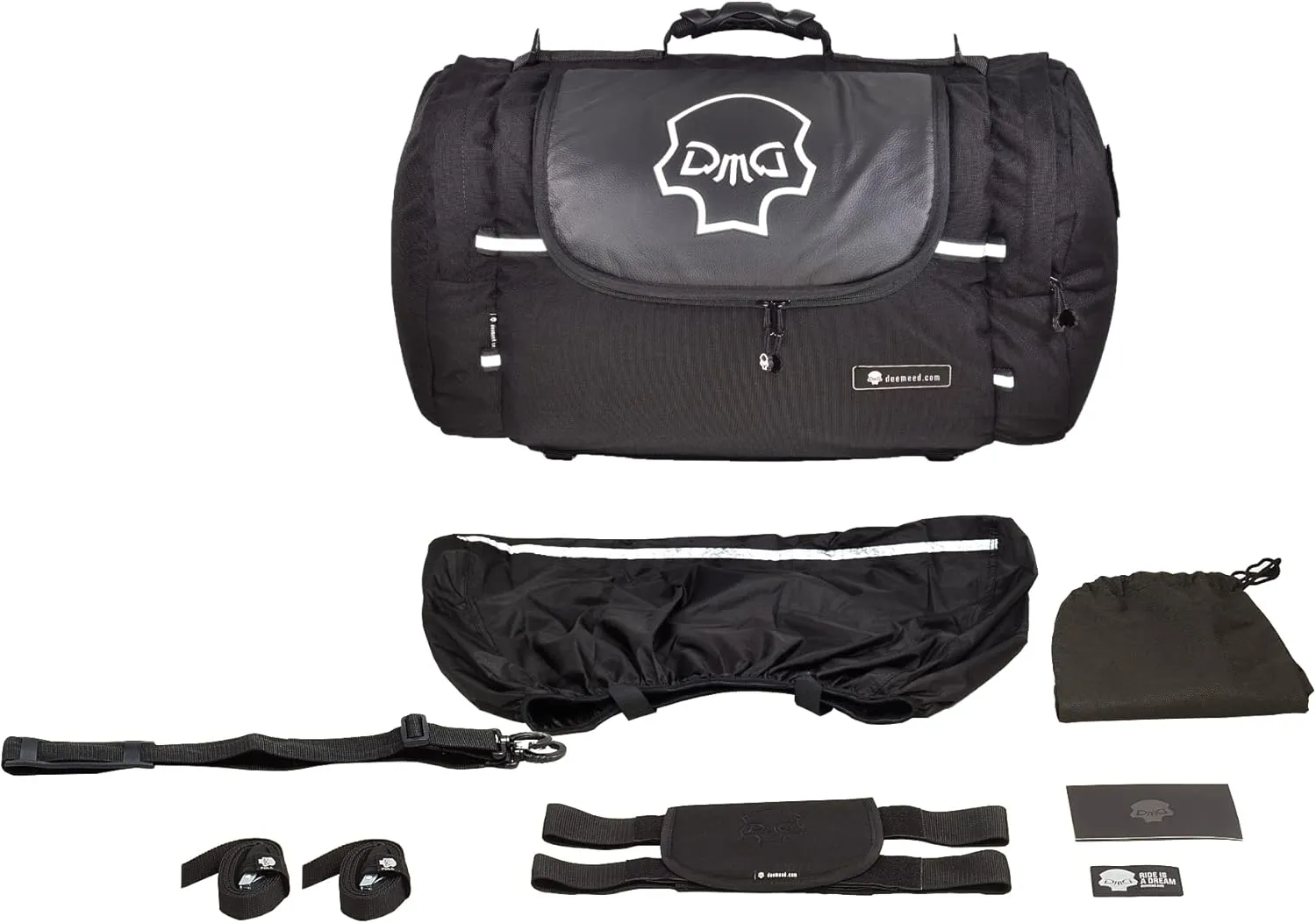 Motorcycle tail bag, roller shape, made of waterproof cordura and Italian leather, 13,5 gallons capacity   additional raincover included (L, Reflective skull)