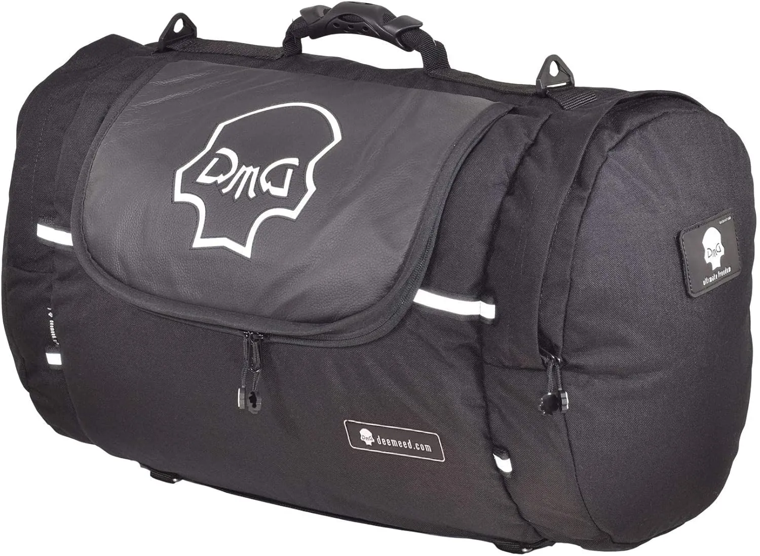 Motorcycle tail bag, roller shape, made of waterproof cordura and Italian leather, 13,5 gallons capacity   additional raincover included (L, Reflective skull)