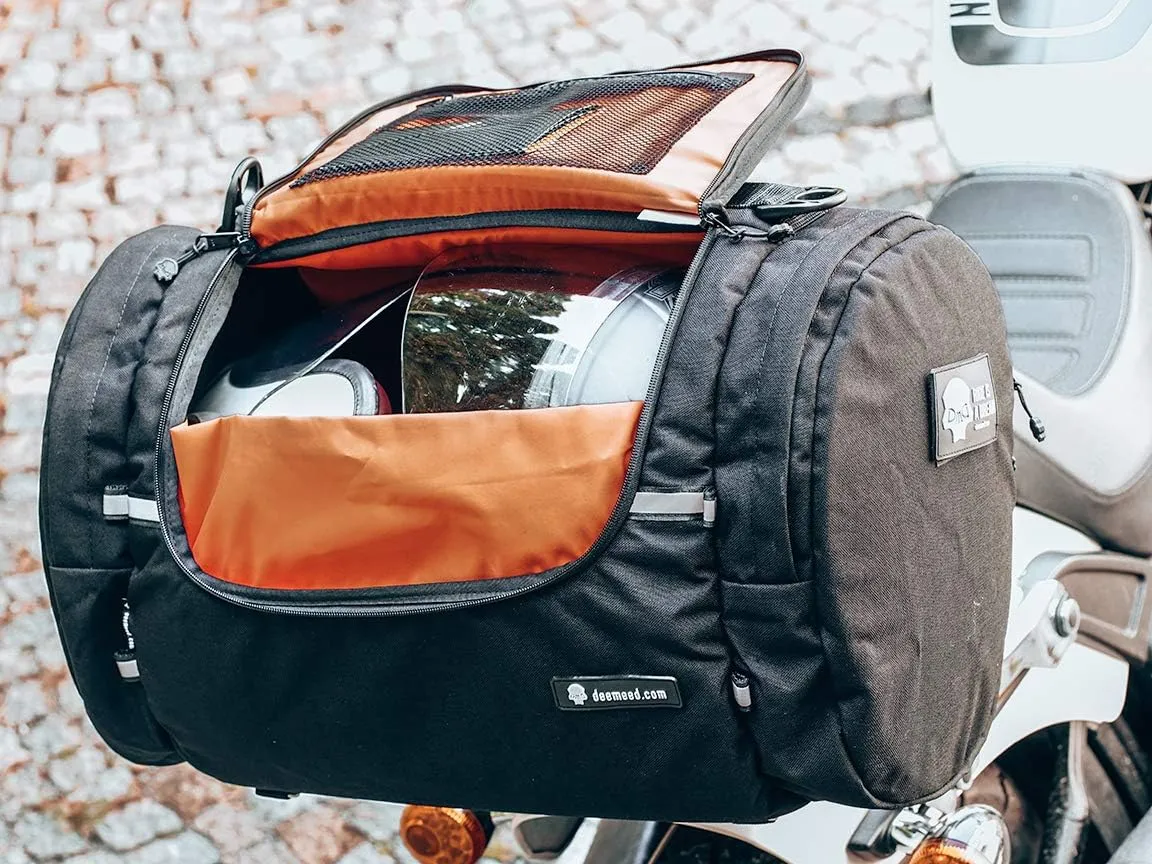 Motorcycle tail bag, roller shape, made of waterproof cordura and Italian leather, 13,5 gallons capacity   additional raincover included (L, Reflective skull)