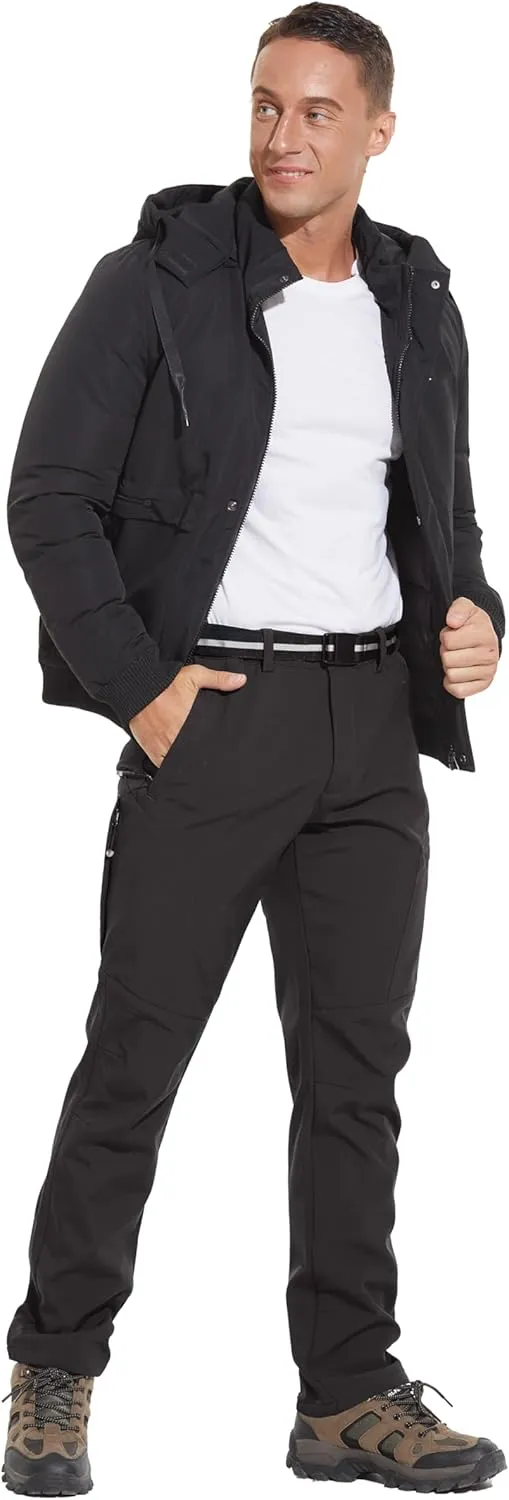 MOURCE Men's Fleece Lined Snow Hiking Pants Water Resistant，Insulated Winter Ski Pants 6 Zip Pockets and Belt