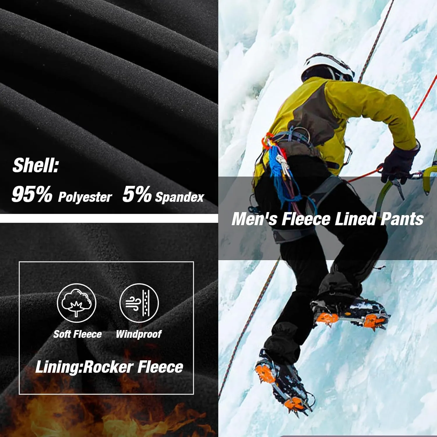 MOURCE Men's Fleece Lined Snow Hiking Pants Water Resistant，Insulated Winter Ski Pants 6 Zip Pockets and Belt