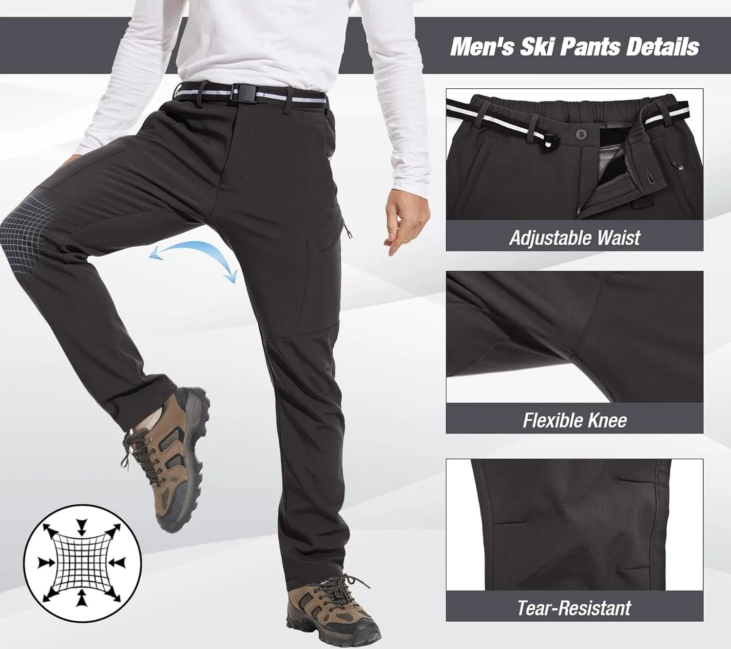MOURCE Men's Fleece Lined Snow Hiking Pants Water Resistant，Insulated Winter Ski Pants 6 Zip Pockets and Belt