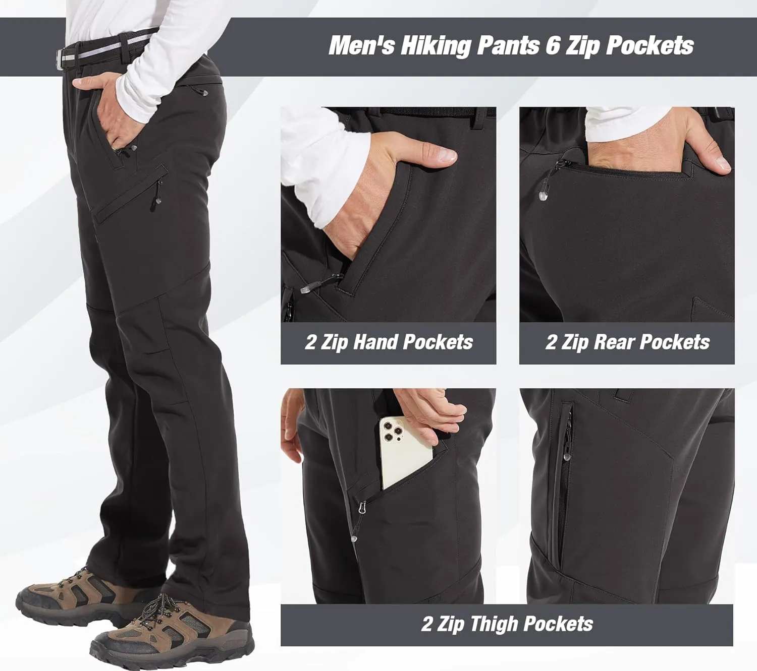 MOURCE Men's Fleece Lined Snow Hiking Pants Water Resistant，Insulated Winter Ski Pants 6 Zip Pockets and Belt