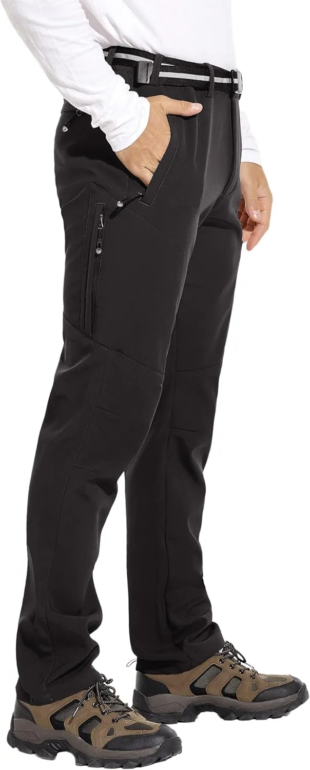 MOURCE Men's Fleece Lined Snow Hiking Pants Water Resistant，Insulated Winter Ski Pants 6 Zip Pockets and Belt