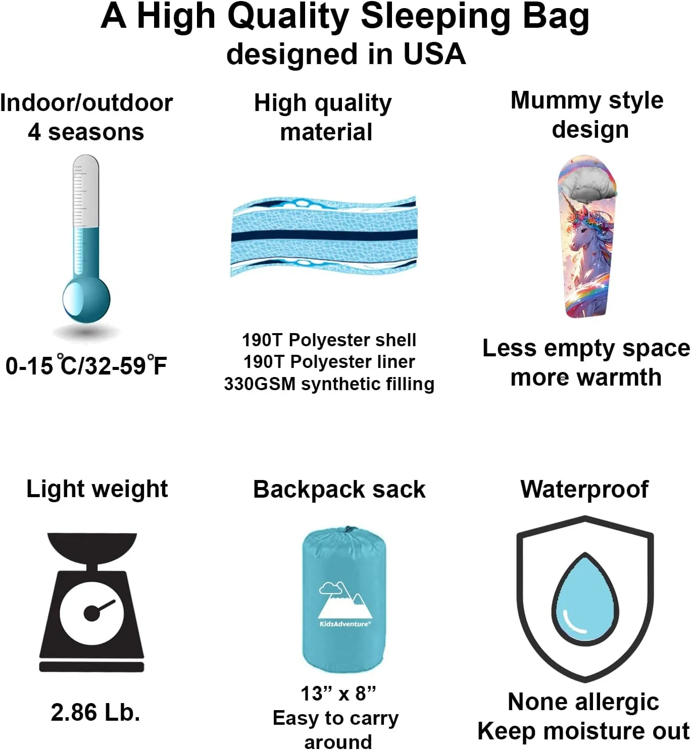 Mummy Style 32 – 59F Kids Sleeping Bag with Pillow Sleeve, Full Scale Digital Printing Unicorn, Mermaid, Kitty or Puppy, Lightweight, Ideal for Camping, Sleepover, Boys, Girls, Youth and Toddlers
