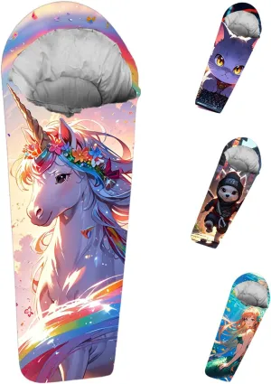 Mummy Style 32 – 59F Kids Sleeping Bag with Pillow Sleeve, Full Scale Digital Printing Unicorn, Mermaid, Kitty or Puppy, Lightweight, Ideal for Camping, Sleepover, Boys, Girls, Youth and Toddlers