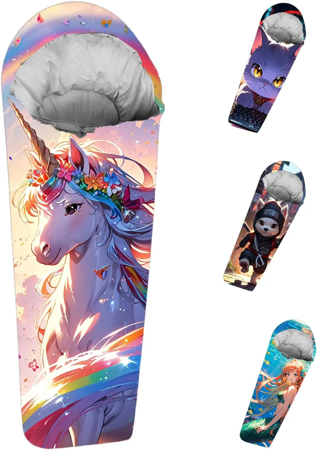 Mummy Style 32 – 59F Kids Sleeping Bag with Pillow Sleeve, Full Scale Digital Printing Unicorn, Mermaid, Kitty or Puppy, Lightweight, Ideal for Camping, Sleepover, Boys, Girls, Youth and Toddlers
