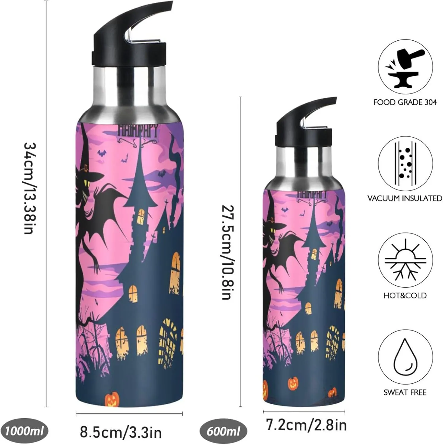 Nander Halloween Witch Flight Water Bottle 34oz Double Wall Vacuum Insulated Leak Proof Stainless Steel Sports Water Bottle with Straw and Easy to Carry