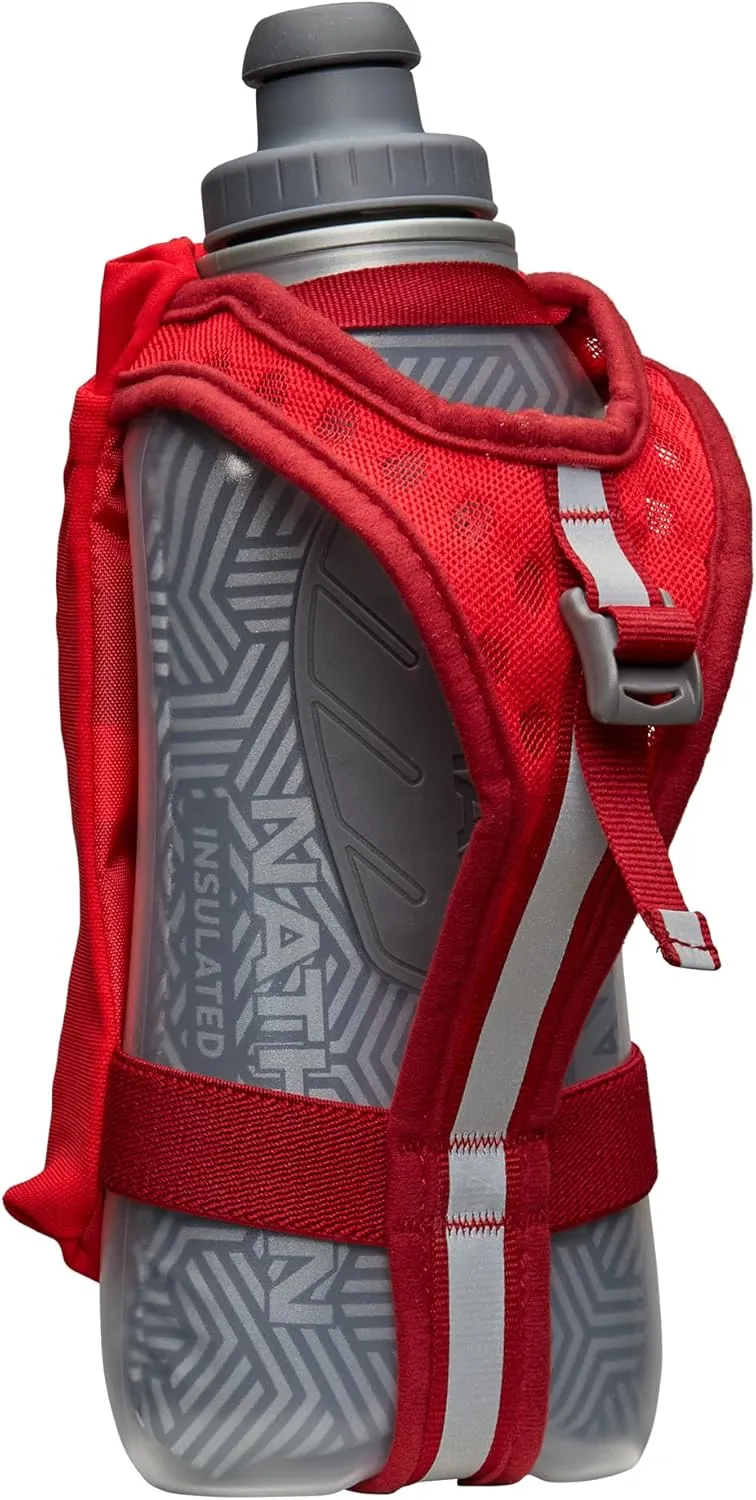 Nathan Insulated Handheld Flask 18oz - Double-Wall Insulation - Ergonomic Grip with Blast Valve Cap - Secure Pockets for Phone/Keys - Reflective - Ideal for Running, SpeedDraw 2 - Ribbon Red
