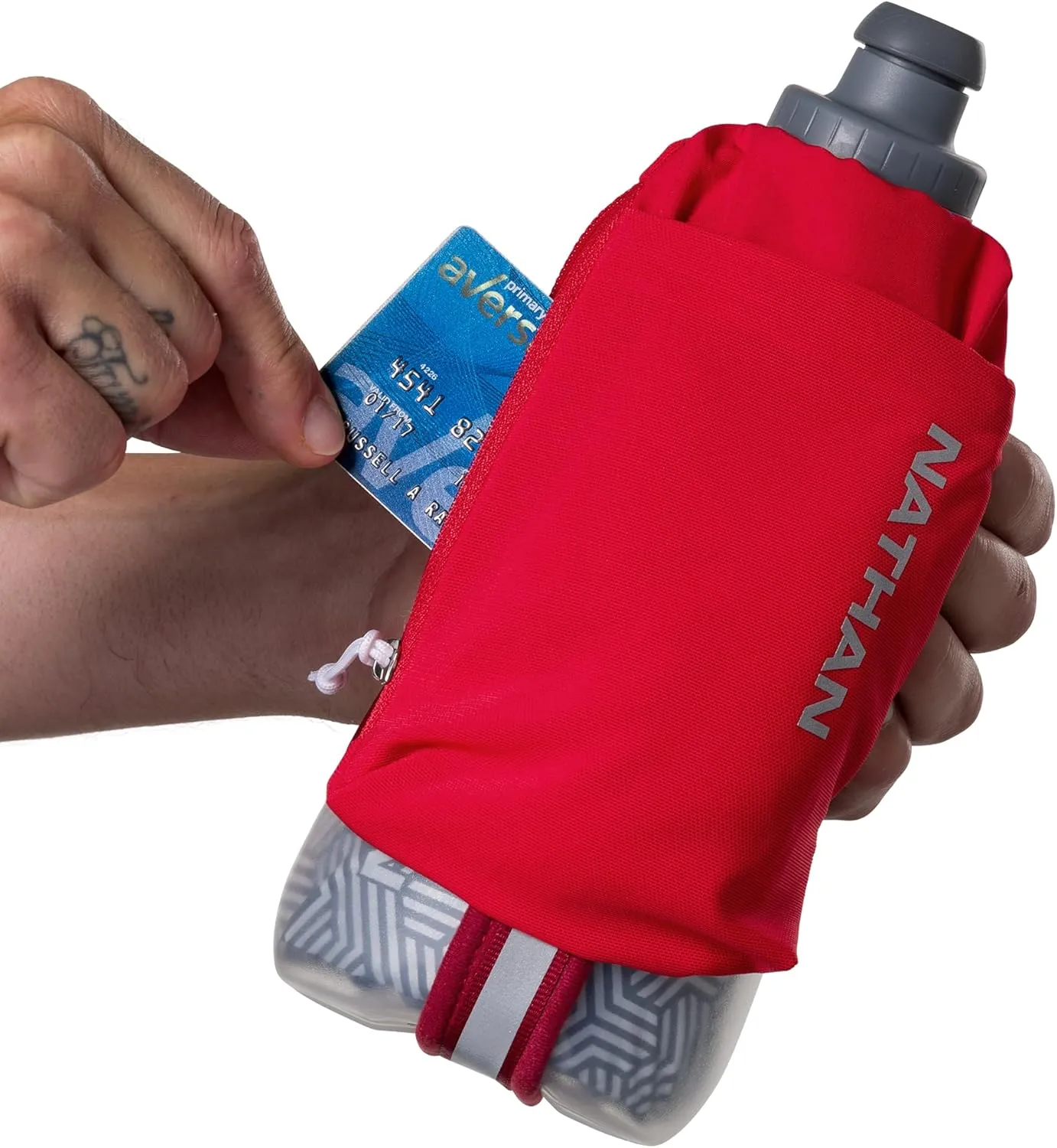Nathan Insulated Handheld Flask 18oz - Double-Wall Insulation - Ergonomic Grip with Blast Valve Cap - Secure Pockets for Phone/Keys - Reflective - Ideal for Running, SpeedDraw 2 - Ribbon Red